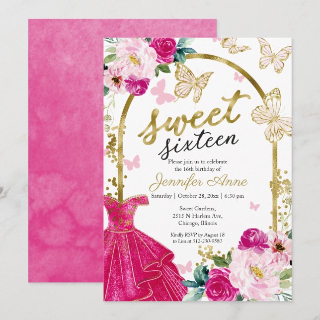Sweet 16 Floral Dress Butterfly Hot Pink Gold Invitation (Front/Back)