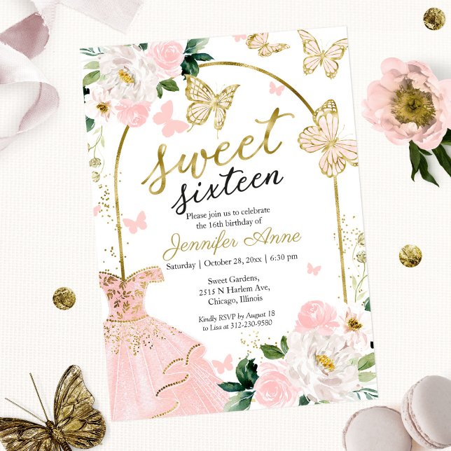 Sweet 16 Floral Dress Butterfly Invitation (Creator Uploaded)