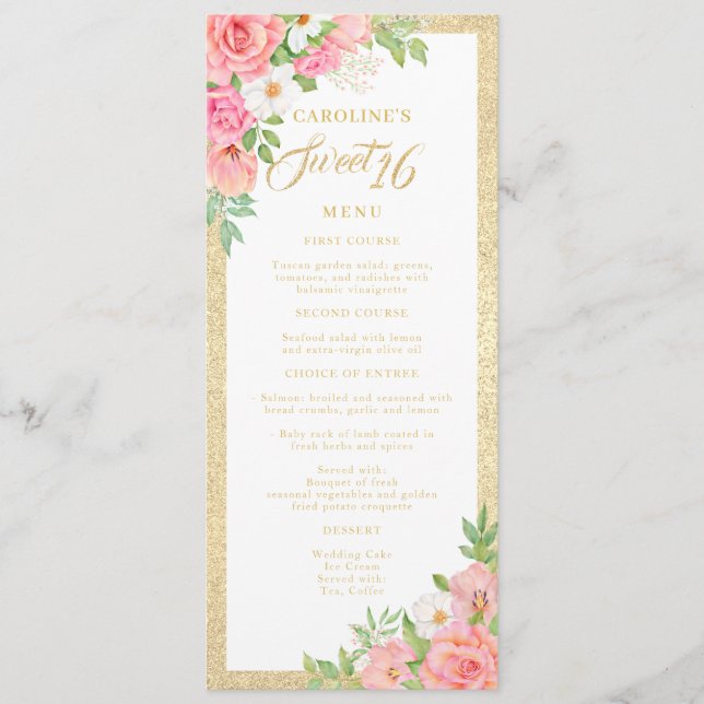 Sweet 16 Floral Elegant Rose Tulip Pink Floral Menu (Front)