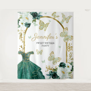 Sweet 16 Floral Gown Butterfly Backdrop Banner Tapestry