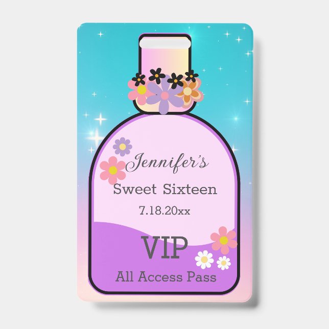 sweet 16 floral perfume bottle holographic stylish ID badge (Front)