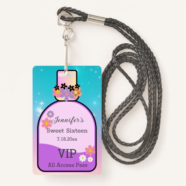 sweet 16 floral perfume bottle holographic stylish ID badge (Front with Lanyard)