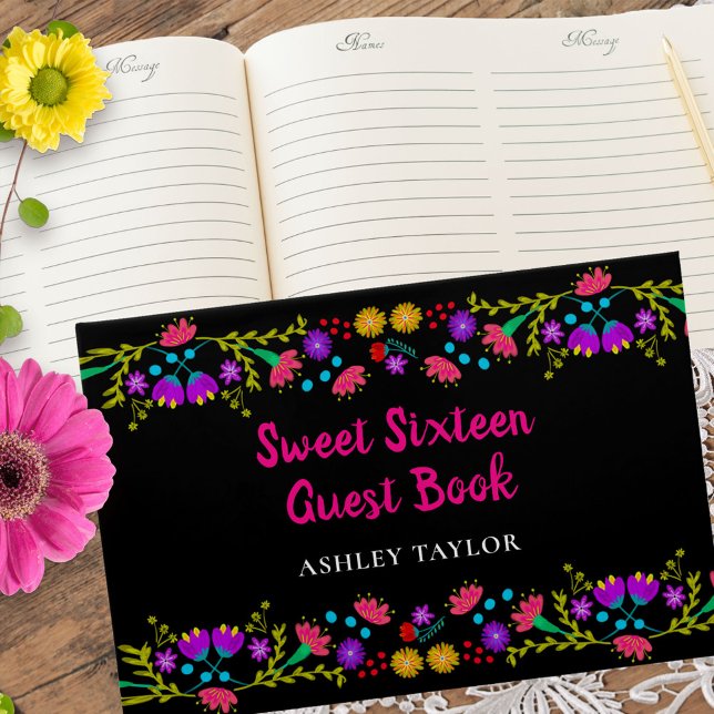 Sweet 16 Floral Pink and Black Mexican Flowers Guest Book (Sweet 16 guest book from my Mexican Fiesta Floral collection
)