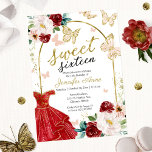 Sweet 16 Floral Red Dress Butterfly Invitation<br><div class="desc">Adorable, red gold floral, sweet sixteen birthday party invitations. Easy to personalise with your details. Please get in touch with me via chat if you have questions about the artwork or need customisation. Check the collection for more items. PLEASE NOTE: For assistance on orders, shipping, product information, etc., contact Zazzle...</div>
