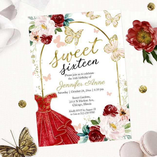 Sweet 16 Floral Red Dress Butterfly Invitation (Creator Uploaded)