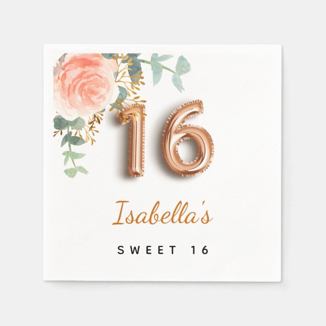Sweet 16 floral rose gold eucalyptus monogram  napkin (Front)