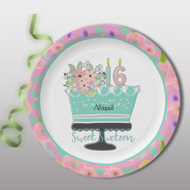 Sweet 16 Flowers and Cake Paper Plate (Creator Uploaded)