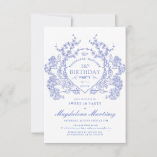 Sweet 16 French Vintage Blue Floral Crest Invitation