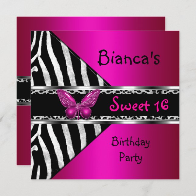 Sweet 16 Fushia Pink Silver Black Zebra Leopard Invitation (Front/Back)