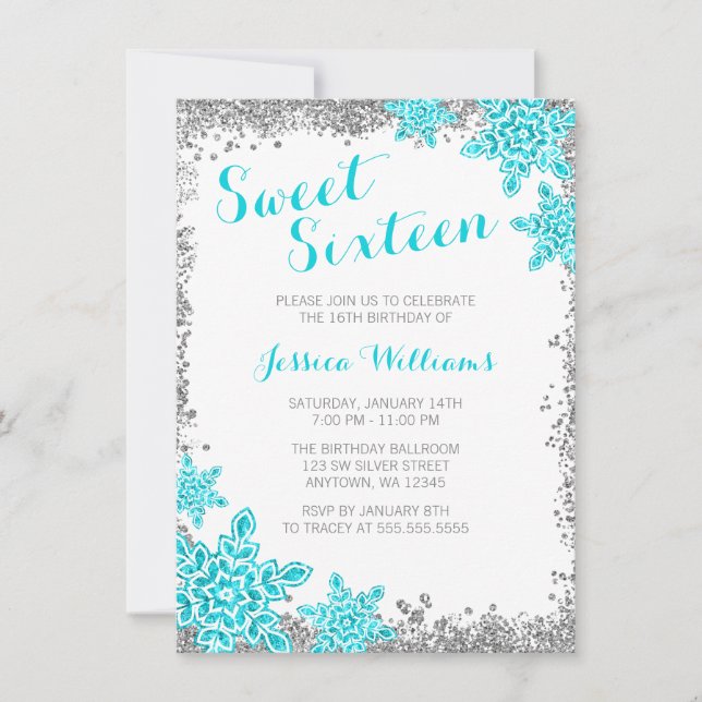 Sweet 16 Glam Winter Wonderland Silver Aqua Invitation (Front)