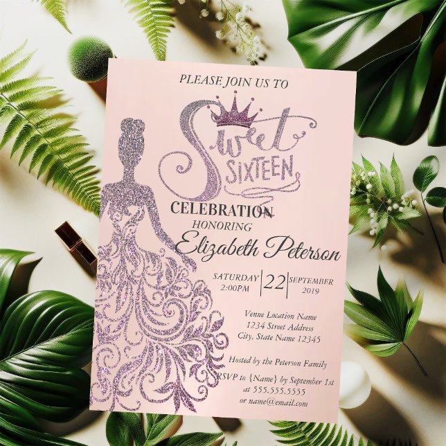 Sweet 16 Glitter Bokeh Ombre,Glitter Dress,Tiara Invitation (Creator Uploaded)