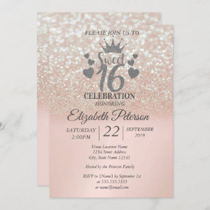 Sweet 16 Glitter Bokeh Ombre,Glitter Tiara Invitation