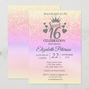 Sweet 16 Glitter Colourful Bokeh Ombre, Tiara Invitation