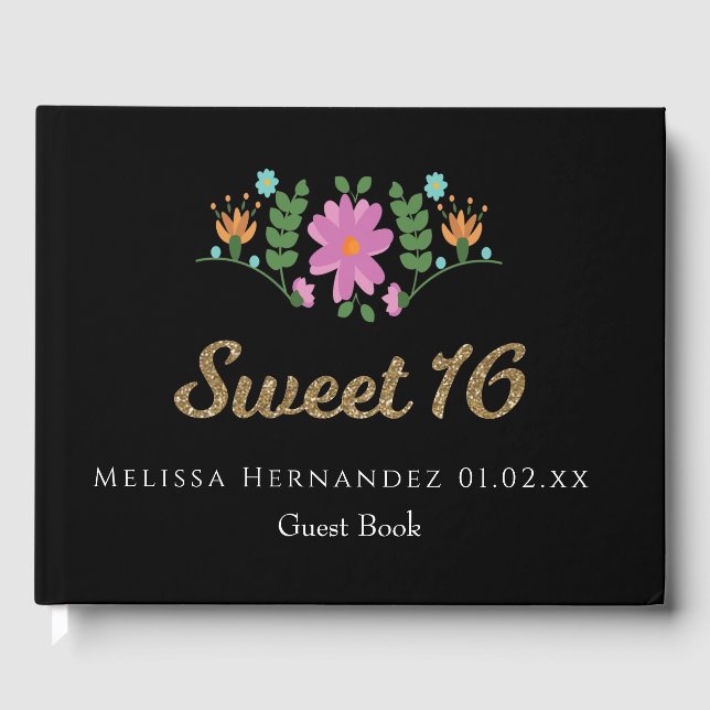 Sweet 16 Glitter Floral Mexican Flower Guest Book (Front)
