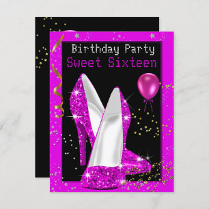 Sweet 16 Glitter Hot Pink Black Birthday Party Invitation