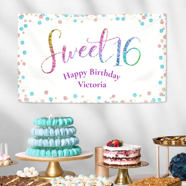 Sweet 16 Glitter Rainbow Confetti Modern Birthday Banner (Creator Uploaded)
