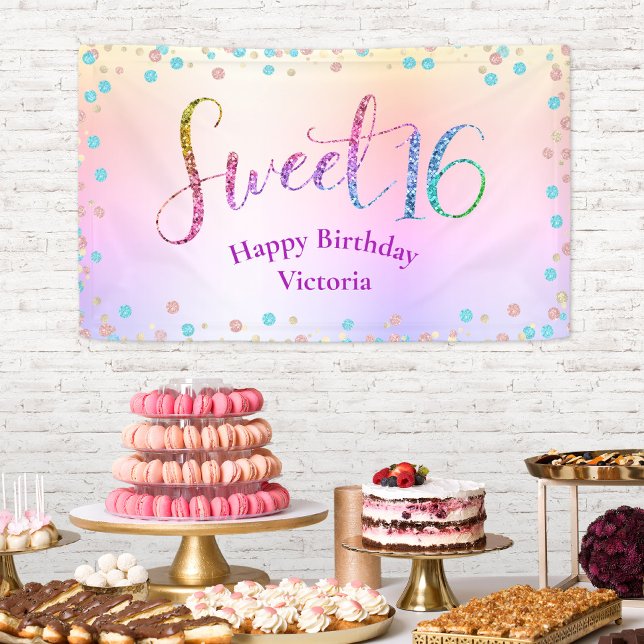 Sweet 16 Glitter Rainbow Ombre Confetti Birthday Banner (Creator Uploaded)