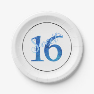 Sweet 16   Glitzy Blue Glam Typography Script Paper Plate