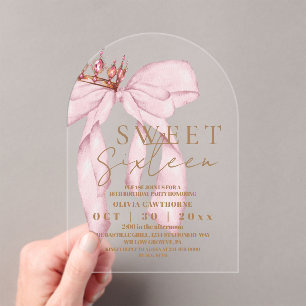 Sweet 16 Gold and Blush Pink Bow Birthday Acrylic Invitations