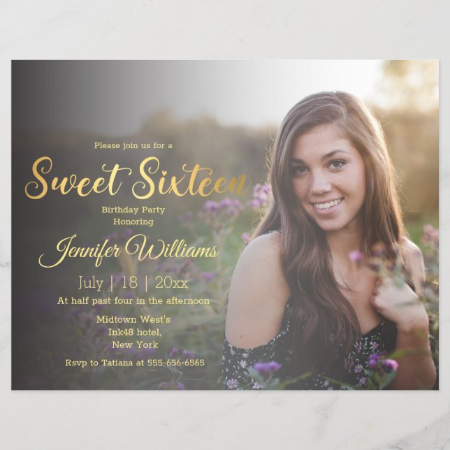 sweet 16 gold chic calligraphy photo invitation  flyer (Front)