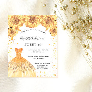Sweet 16 gold dress floral white budget invitation flyer