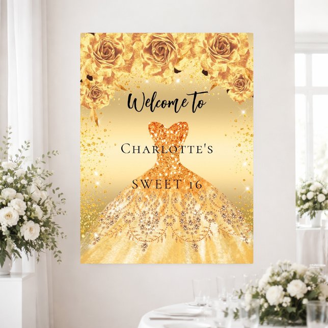 Sweet 16 gold dress roses party welcome poster (Creator Uploaded)
