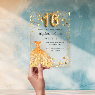 Sweet 16 gold dress stars clear acrylic invitations