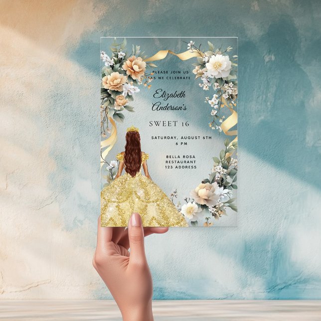 Sweet 16 gold dress yellow florals clear acrylic invitations (Creator Uploaded)