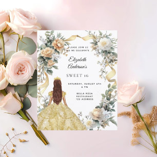 Sweet 16 gold dress yellow florals invitation