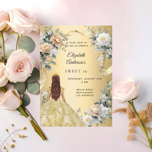 Sweet 16 gold dress yellow florals invitation