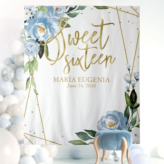 Sweet 16 Gold Foil Dusty Blue Floral Backdrop Tapestry (Creator Uploaded)