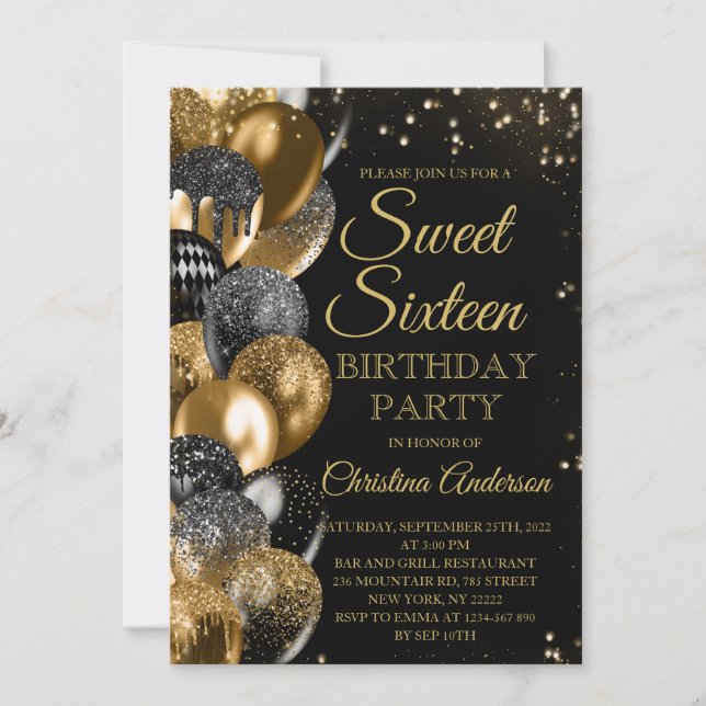 Sweet 16 Gold Glitter Balloons Glam Birthday Party Invitation (Front)