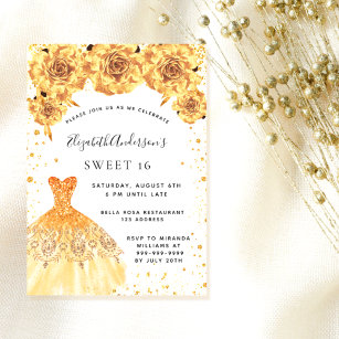Sweet 16 gold glitter dress floral glamourous invitation