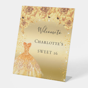 Sweet 16 gold glitter dress florals welcome  pedestal sign