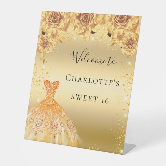 Sweet 16 gold glitter dress florals welcome  pedestal sign (Front)