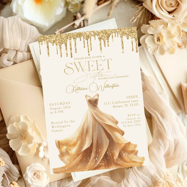 Sweet 16 Gold Glitter Drips Dress Sweet Sixteen Invitation (Creator Uploaded)