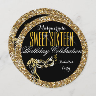 Sweet 16 Gold Glitter Mask Masquerade Birthday Invitation