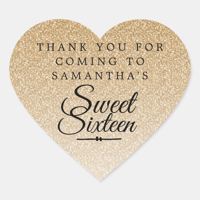 Sweet 16 Gold Glitter Ombre Thank You Custom Name Heart Sticker (Front)