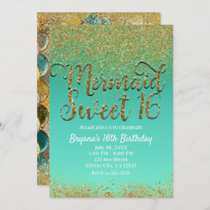 Sweet 16 Gold Glitter Teal Mermaid Birthday Party Invitation