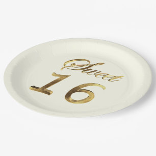 Sweet 16 Gold Look Typography Ivory Elegant Paper Plate