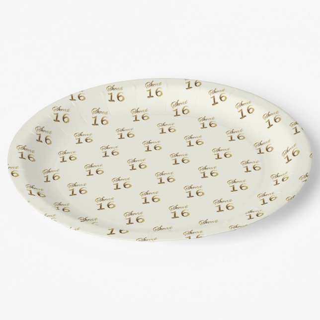 Sweet 16 Gold Look Typography Ivory Elegant Paper Plate (Angled)