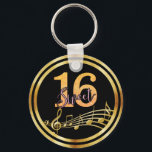 Sweet 16 gold music notes on stylish black key ring<br><div class="desc">Chic black coloured background with faux gold music notes for a sweet 16th birthday party. With a faux gold frame. The number 16 in golden faux glitter.</div>