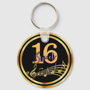 Sweet 16 gold music notes on stylish black key ring