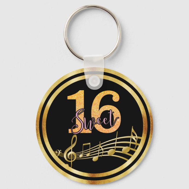 Sweet 16 gold music notes on stylish black key ring (Front)