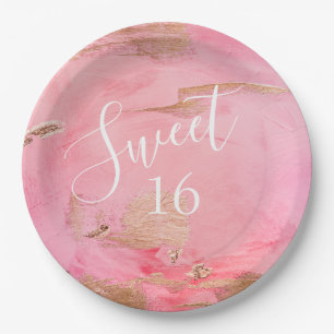Sweet 16 Gold Pink Abstract Watercolor Paper Plate