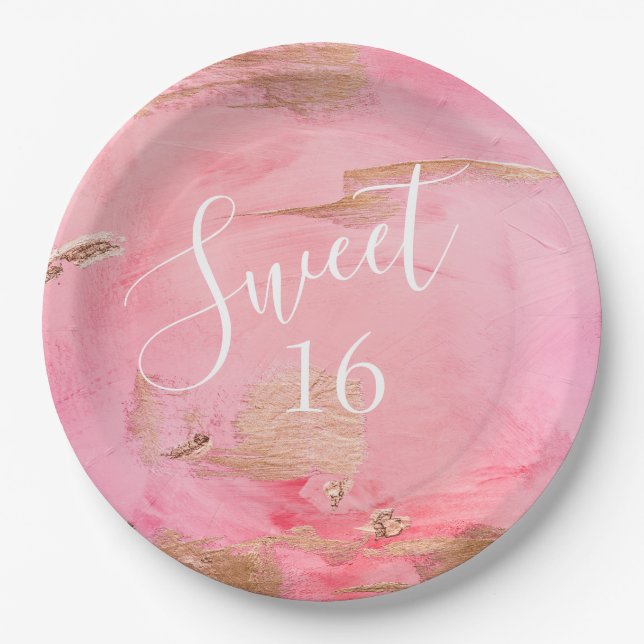 Sweet 16 Gold Pink Abstract Watercolor Paper Plate (Front)