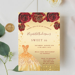 Sweet 16 gold red glitter dress glamourous invitation
