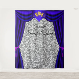 Sweet 16 Gold Rose Blue Curtain Silver Glitter  Tapestry