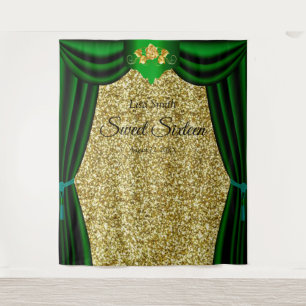 Sweet 16 Gold Rose Green Curtain Gold Glitter Tapestry