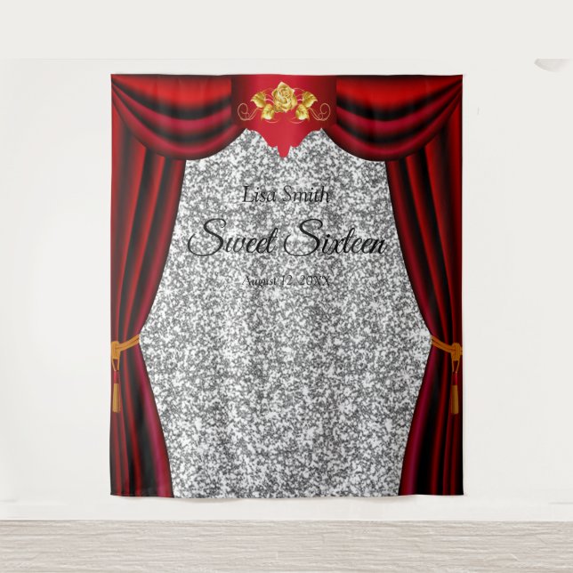 Sweet 16 Gold Rose Red Curtain Silver Glitter Tapestry (Front)
